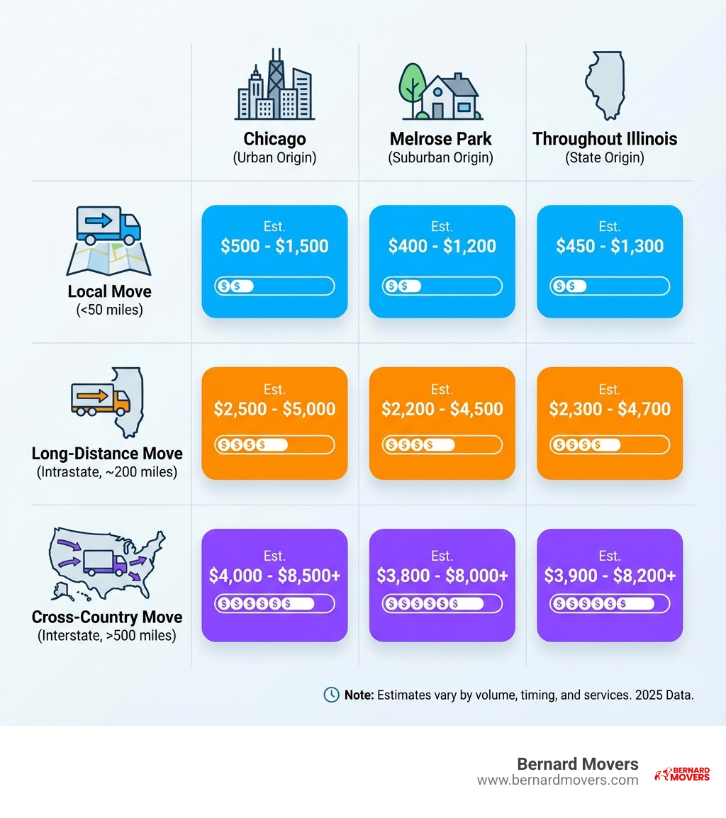 Table comparing estimated costs for local, long-distance, and cross-country moves originating in Chicago, Melrose Park, and throughout Illinois - Illinois moving services infographic 