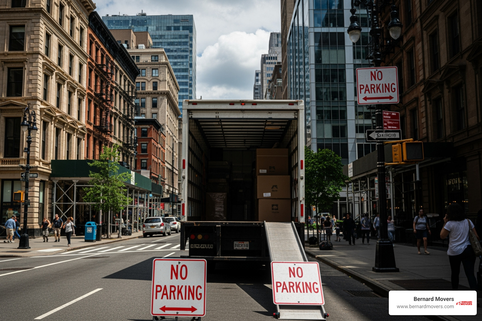 moving truck with "No Parking" signs visible on a city street - moving companies chicago prices moving truck with "No Parking" signs visible on a city street - moving companies chicago prices