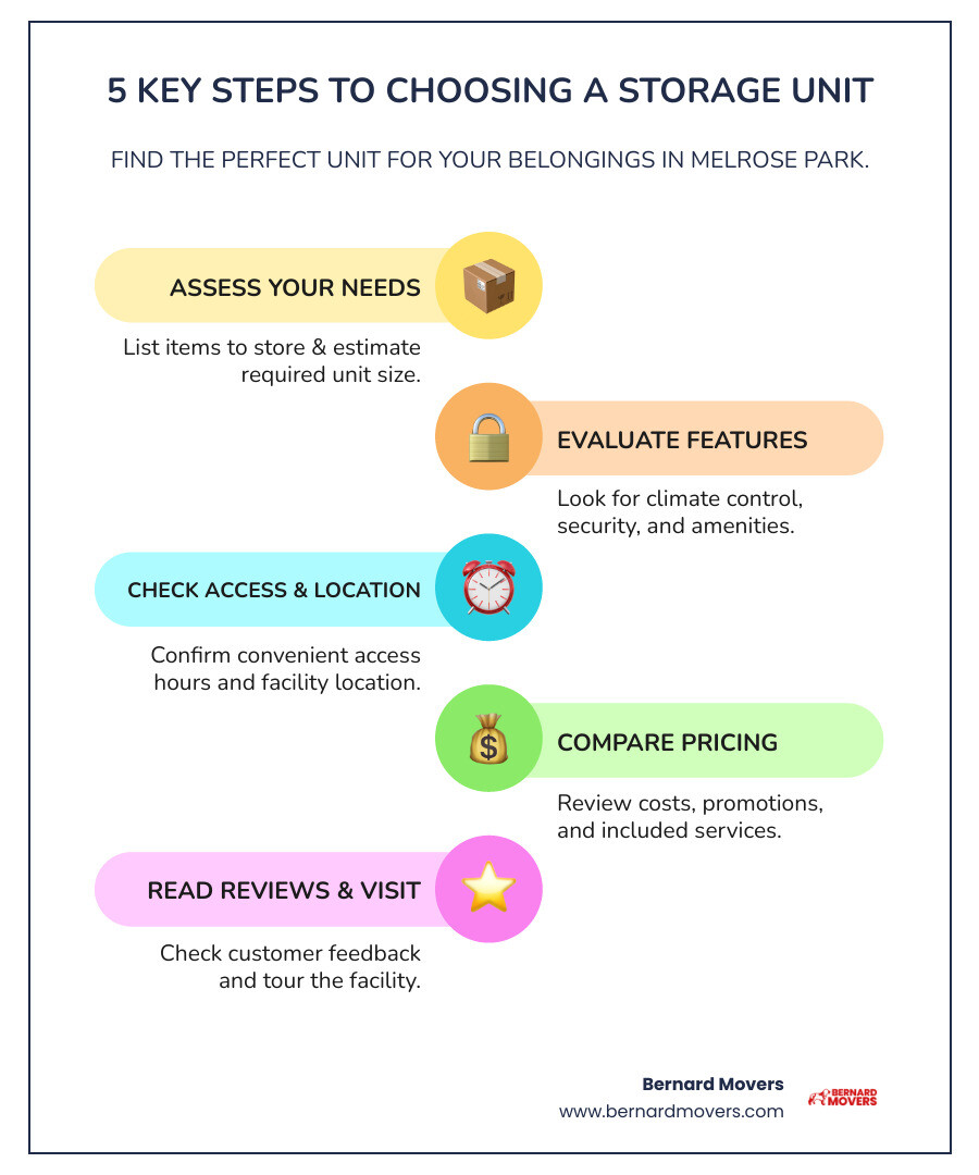 infographic showing 5 key steps to choosing a storage unit: 1. Determine your storage needs and unit size by listing items, 2. Compare facility features like climate control and security, 3. Review access hours and location convenience, 4. Check pricing and available promotions, 5. Read customer reviews and visit the facility - Storage Melrose Park infographic infographic showing 5 key steps to choosing a storage unit: 1. Determine your storage needs and unit size by listing items, 2. Compare facility features like climate control and security, 3. Review access hours and location convenience, 4. Check pricing and available promotions, 5. Read customer reviews and visit the facility - Storage Melrose Park infographic