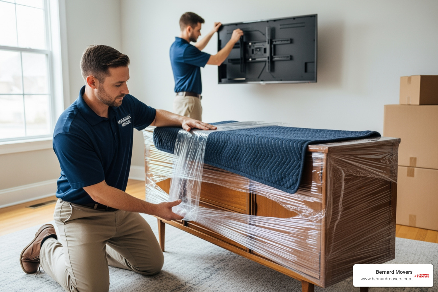 professional Bernard Movers team member carefully wrapping a piece of furniture - interstate moving company rates