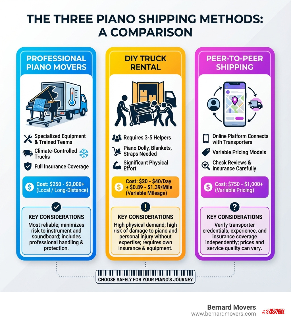 Infographic showing three shipping methods: Professional Piano Movers (specialized equipment, full insurance, climate-controlled trucks, trained teams), DIY Rental (requires 3-5 helpers, piano dolly, moving blankets, straps, significant physical effort), and Peer-to-Peer Shipping (online platform connects you with transporters, variable pricing, check reviews and insurance carefully). Each method shows cost ranges and key considerations. - ship a piano infographic 