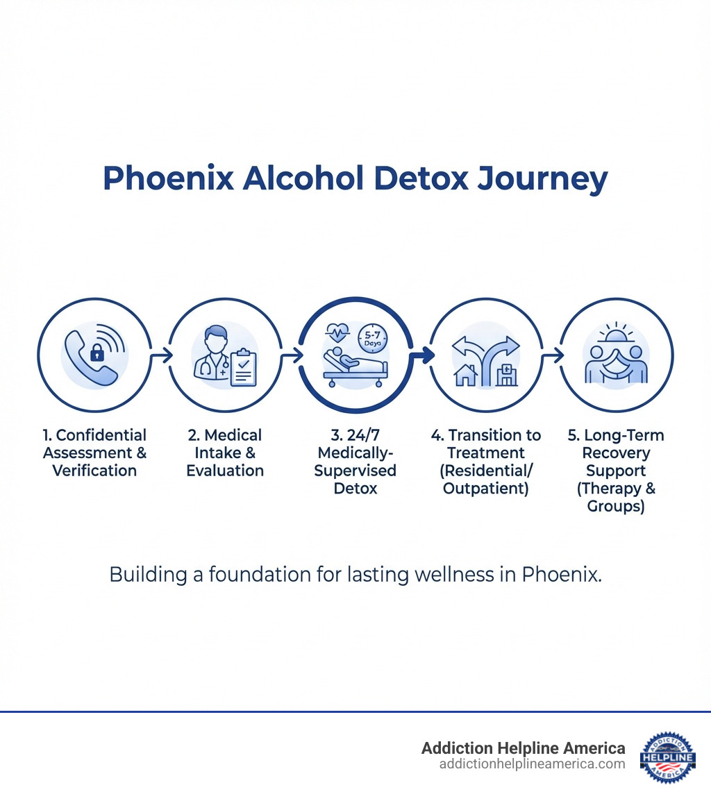 Infographic showing the Phoenix alcohol detox journey: Step 1 - Make a confidential call to verify insurance and assess needs; Step 2 - Complete medical evaluation at intake; Step 3 - Begin 5-7 day medically-supervised detox with 24/7 nursing care; Step 4 - Transition to residential or outpatient treatment; Step 5 - Build long-term recovery through therapy and support groups - Phoenix alcohol detox infographic infographic-line-5-steps-colors