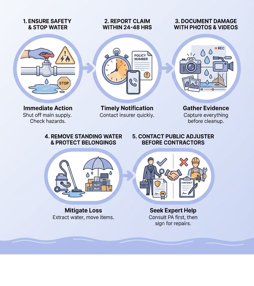infographic showing the 5 immediate steps after discovering water damage: 1. ensure safety and stop water source, 2. report claim within 24-48 hours, 3. document all damage with photos and videos, 4. remove standing water and protect belongings, 5. contact a public adjuster before signing with contractors - water damage insurance claim tips infographic infographic showing the 5 immediate steps after discovering water damage: 1. ensure safety and stop water source, 2. report claim within 24-48 hours, 3. document all damage with photos and videos, 4. remove standing water and protect belongings, 5. contact a public adjuster before signing with contractors - water damage insurance claim tips infographic