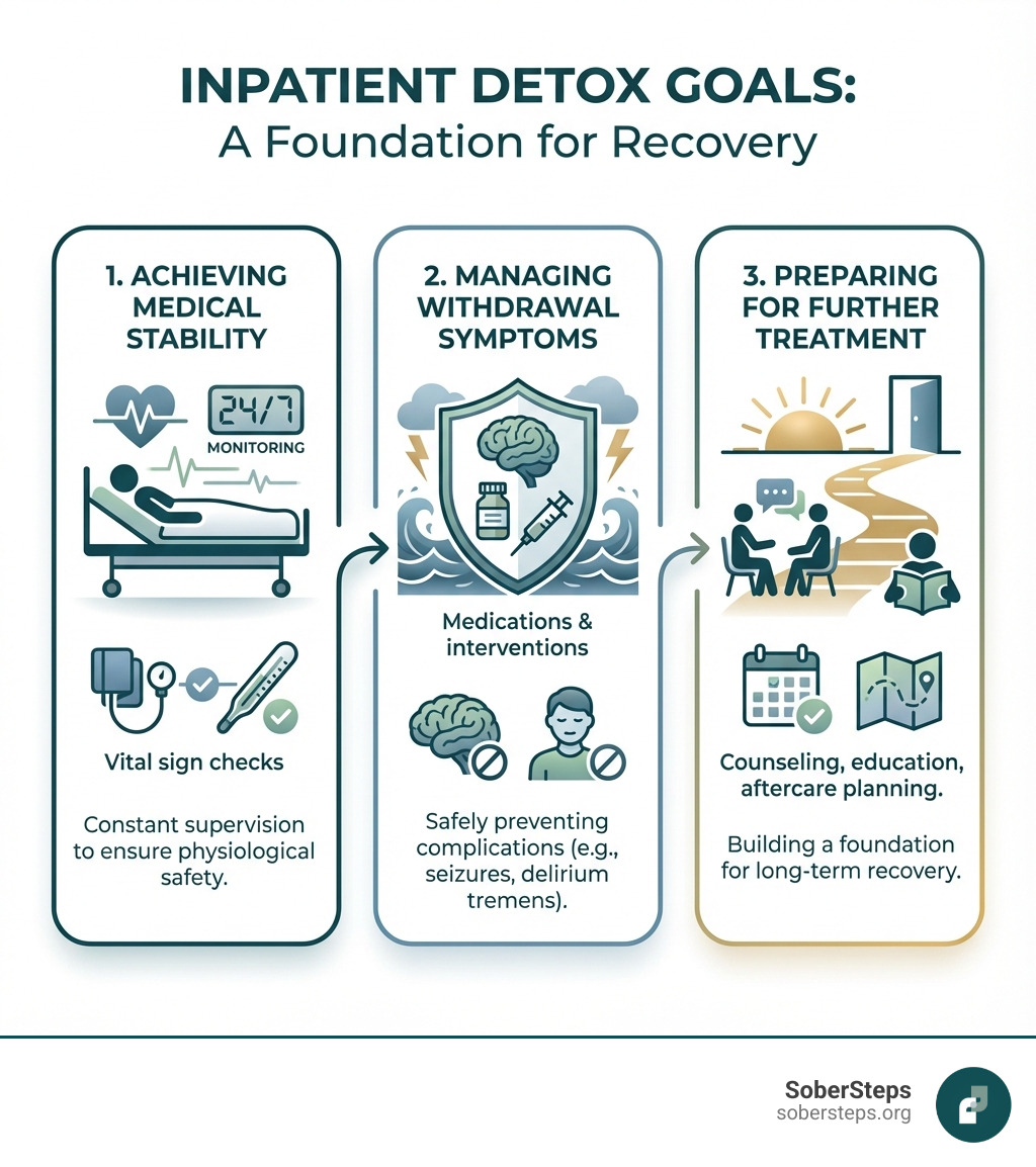 Infographic showing the three main goals of inpatient detox programs: 1) Achieving Medical Stability through 24/7 monitoring and vital sign checks, 2) Managing Withdrawal Symptoms safely with medications and medical interventions to prevent complications like seizures or delirium tremens, and 3) Preparing for Further Treatment through counseling, education, and aftercare planning to support long-term recovery - inpatient detox program infographic 