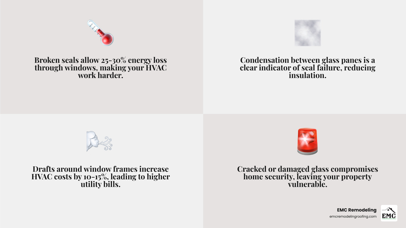 Infographic showing how damaged windows lead to higher energy bills: broken seals allow 25-30% energy loss through windows, condensation between panes indicates seal failure, drafts around frames increase HVAC costs by 10-15%, and cracked glass compromises home security and insulation - Window repair Belton TX infographic 4_facts_emoji_grey Infographic showing how damaged windows lead to higher energy bills: broken seals allow 25-30% energy loss through windows, condensation between panes indicates seal failure, drafts around frames increase HVAC costs by 10-15%, and cracked glass compromises home security and insulation - Window repair Belton TX infographic 4_facts_emoji_grey