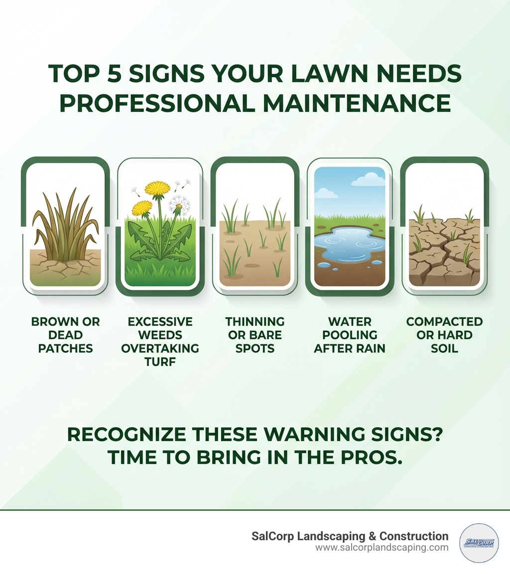 Infographic showing the top 5 signs your lawn needs professional maintenance: brown or dead patches with wilted grass icon, excessive weeds overtaking turf with dandelion icon, thinning or bare spots with sparse grass icon, water pooling after rain with puddle icon, and compacted or hard soil with cracked ground icon - handyman lawn care infographic 