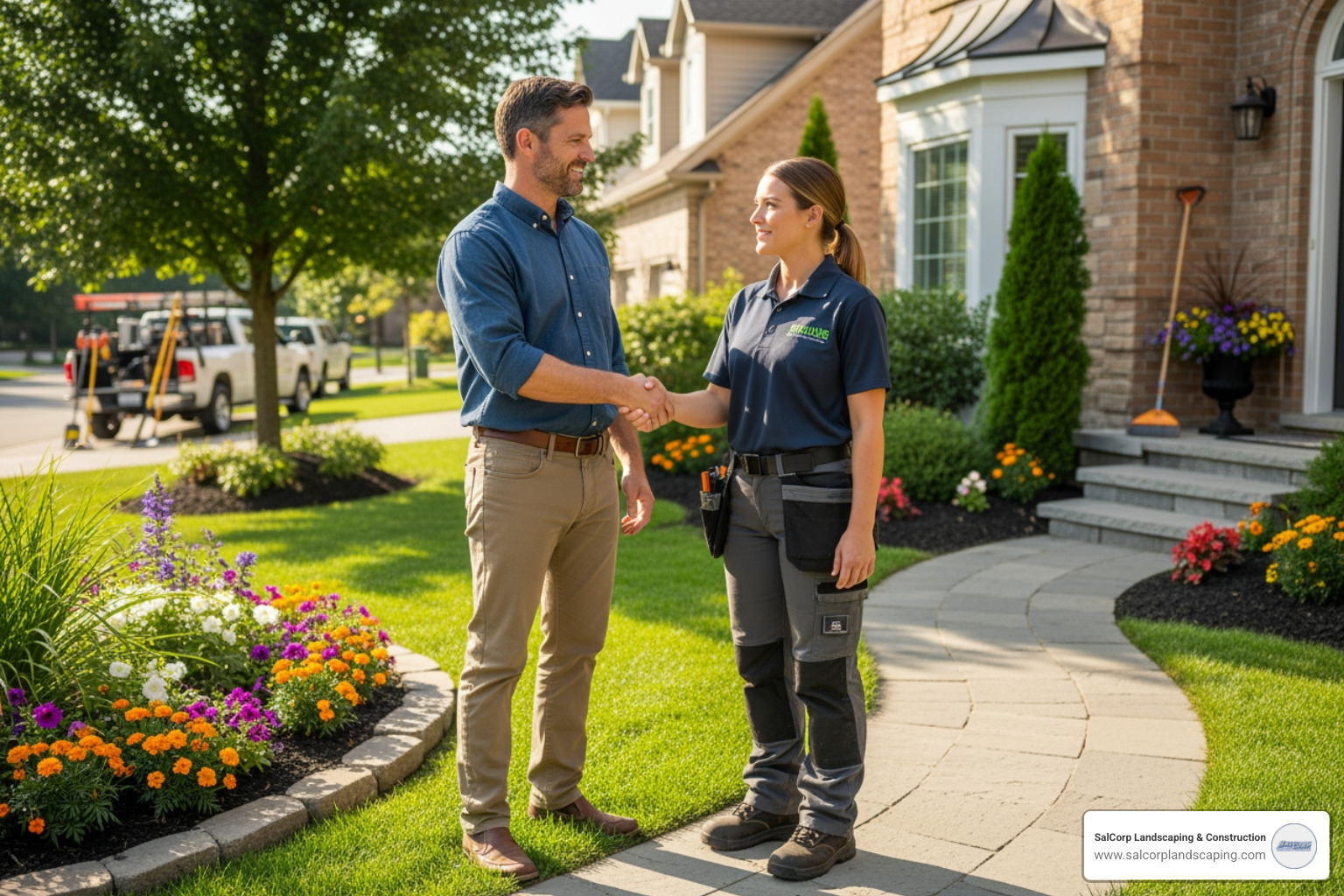 homeowner shaking hands with a professional landscaper in a yard - handyman lawn care