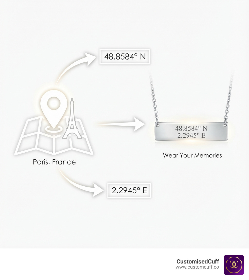 Infographic showing how coordinates jewelry works: a map pin marking the Eiffel Tower in Paris, with arrows pointing to the latitude 48.8584° N and longitude 2.2945° E, which then appear engraved on a silver bar pendant necklace - personalized coordinates jewelry infographic 