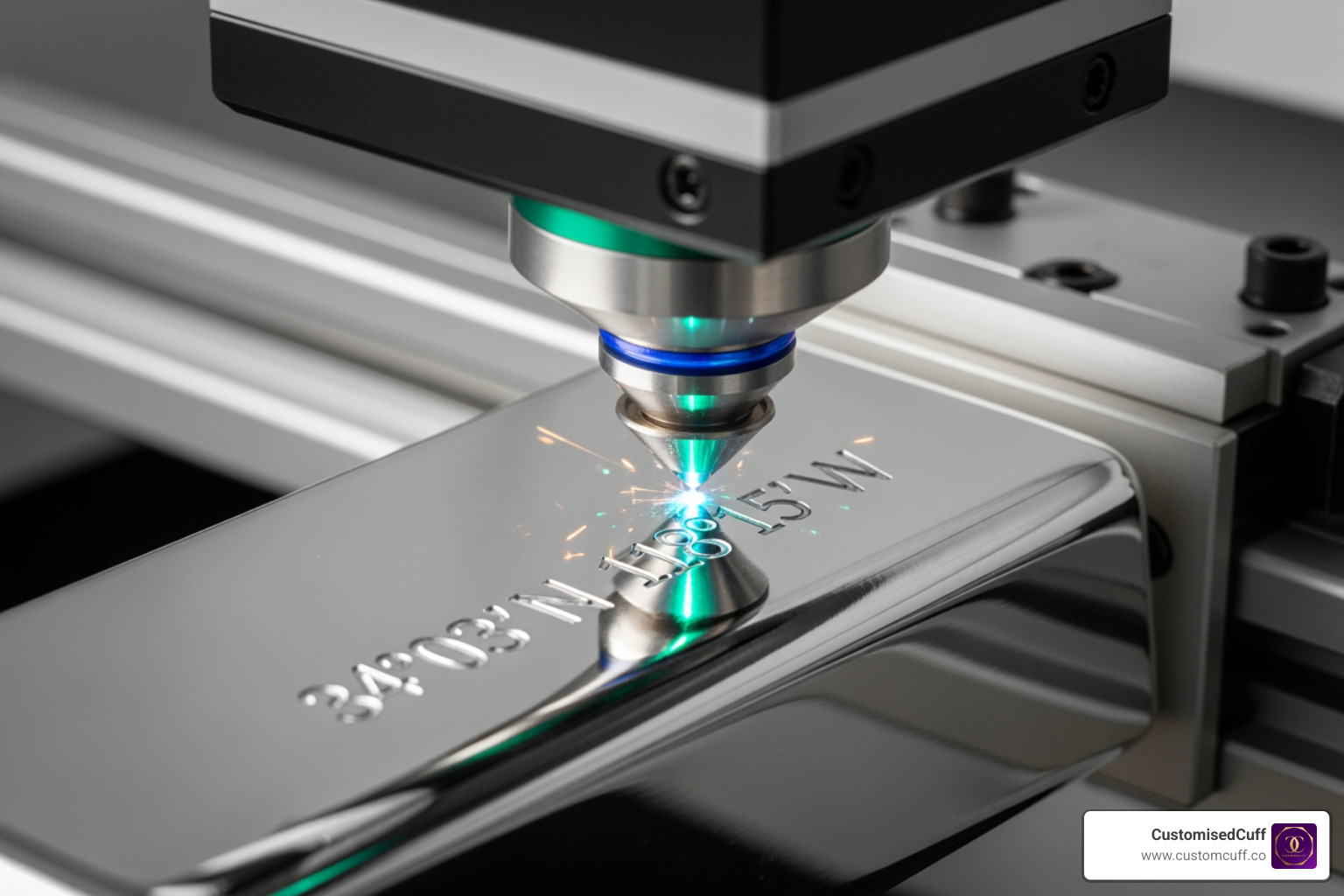 close-up on an engraving machine creating coordinates on a silver bar - personalized coordinates jewelry