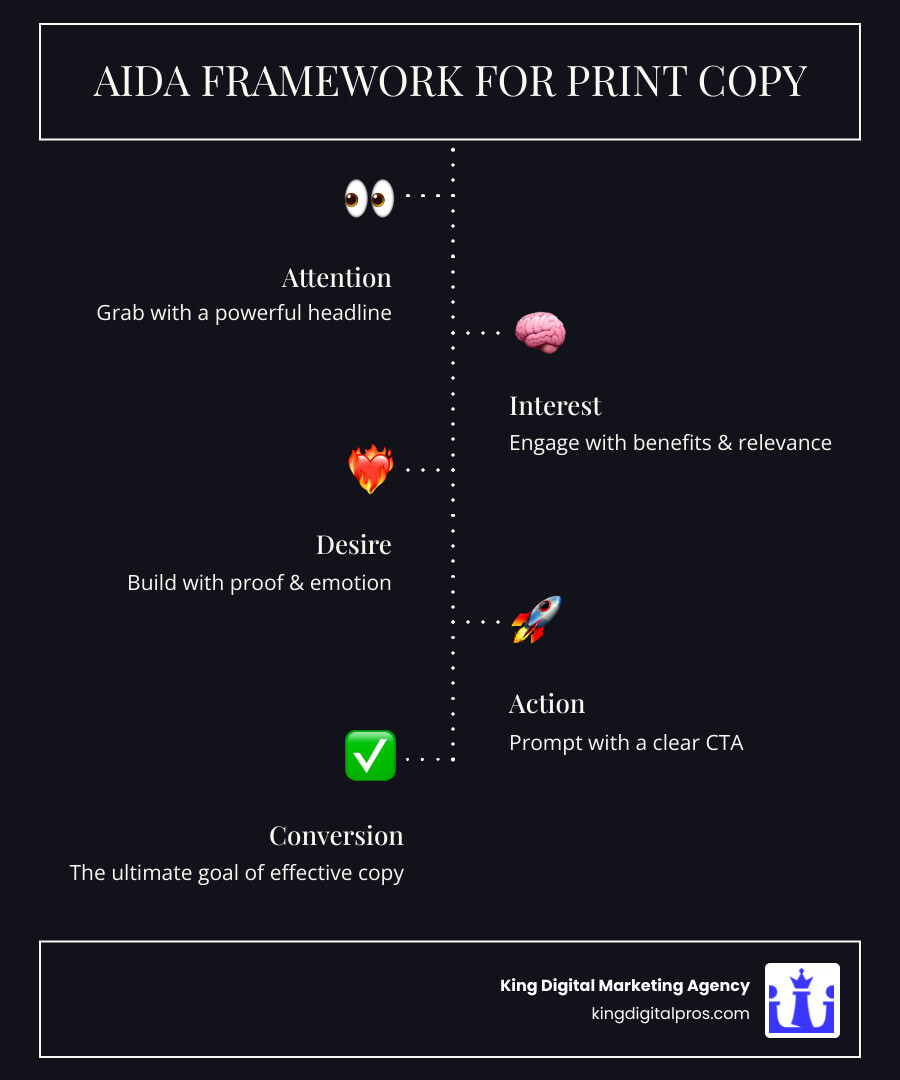 Infographic showing the AIDA framework: Attention (grab with headline), Interest (engage with benefits), Desire (build with proof and emotion), Action (prompt with clear CTA) - copywriting for print media infographic infographic-line-5-steps-dark