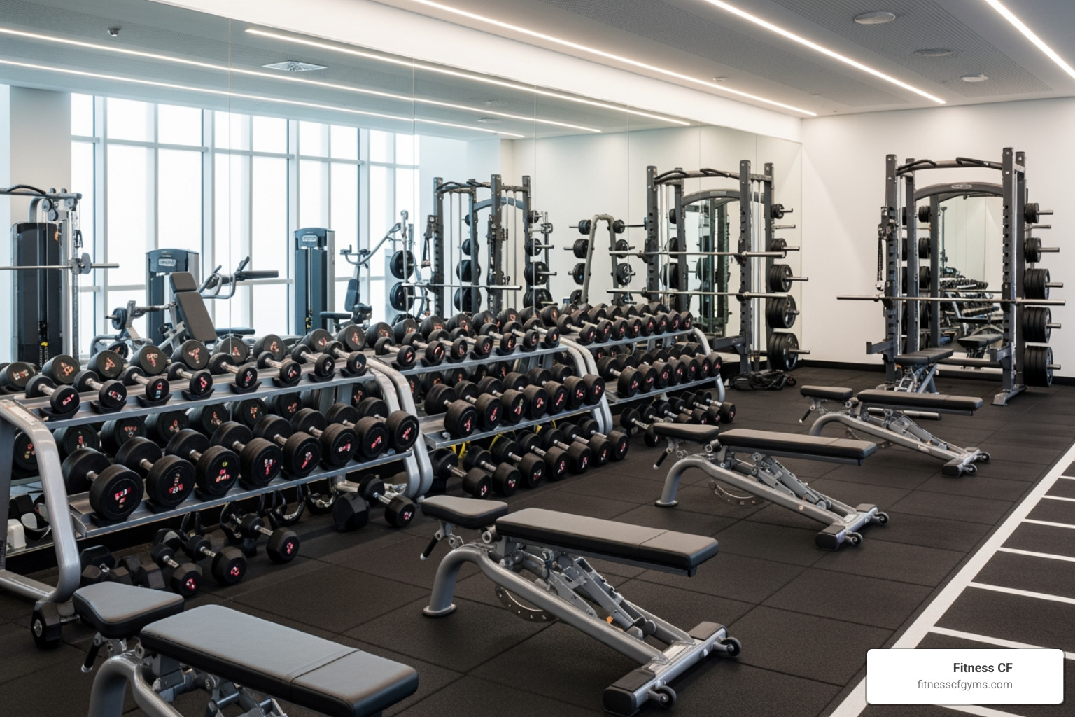 A well-organized free weight area with dumbbells, barbells, and benches - neighborhood gym near me