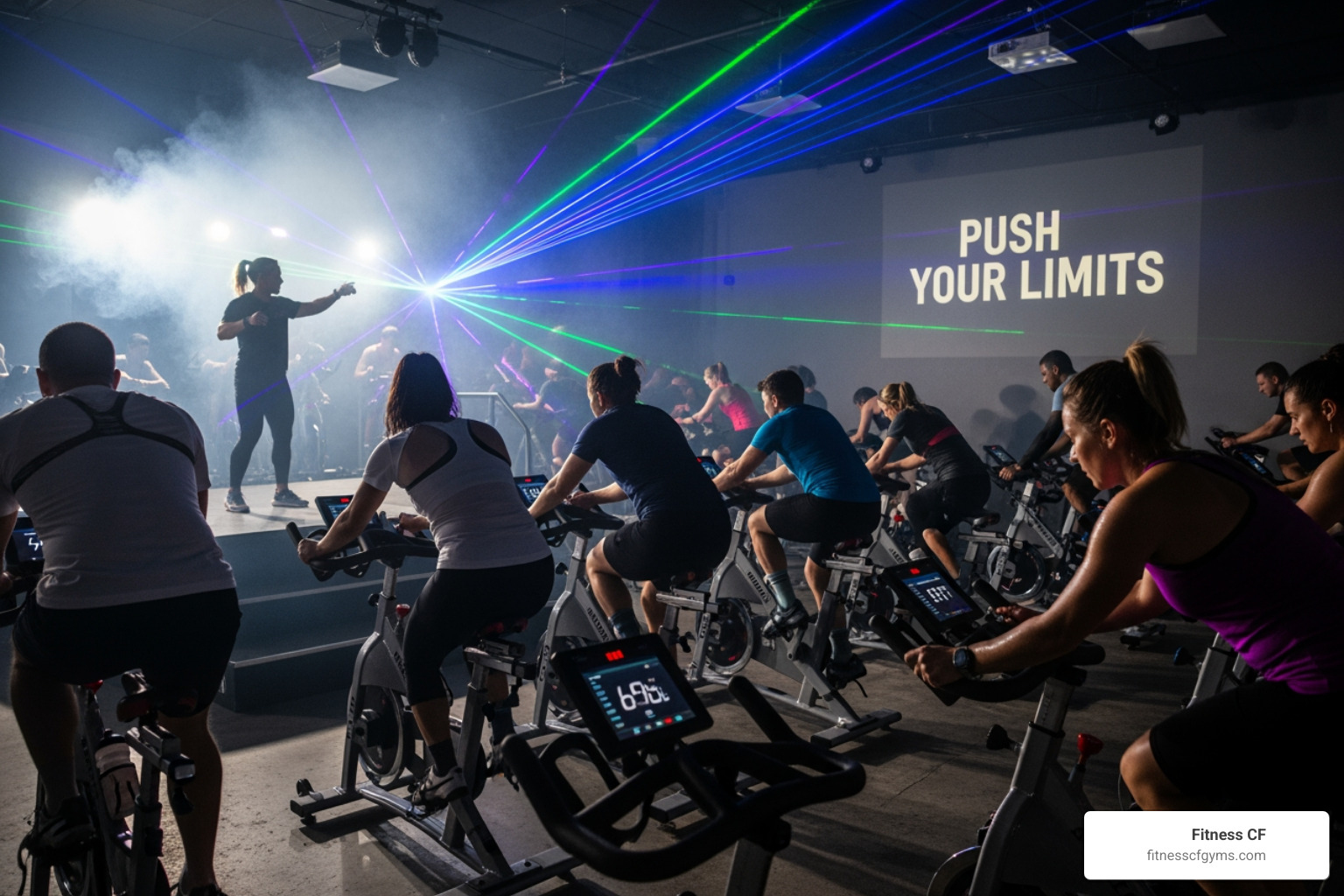 An energetic spin class with participants on stationary bikes in a dimly lit studio - neighborhood gym near me