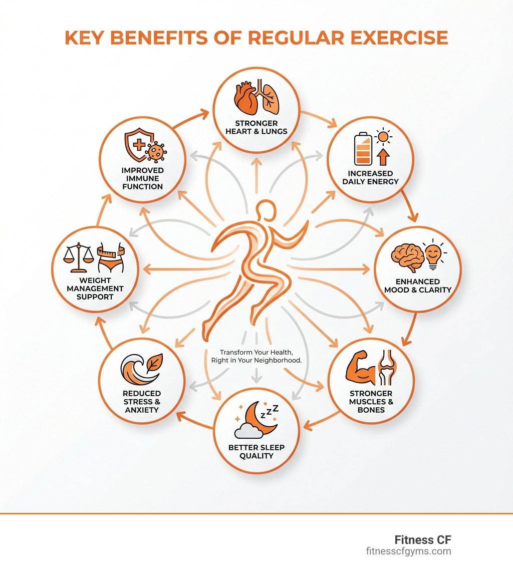 Infographic showing key benefits of regular exercise: improved cardiovascular health with stronger heart and lungs, increased energy levels throughout the day, enhanced mood and mental clarity, stronger muscles and bones, better sleep quality, reduced stress and anxiety, weight management support, and improved immune system function - neighborhood gym near me infographic 