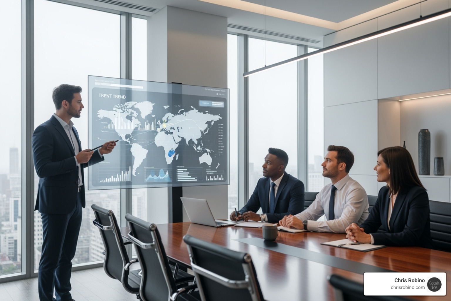 A consultant presenting market trend data on a digital display to a group of executives in a modern boardroom. - Tech industry consultant