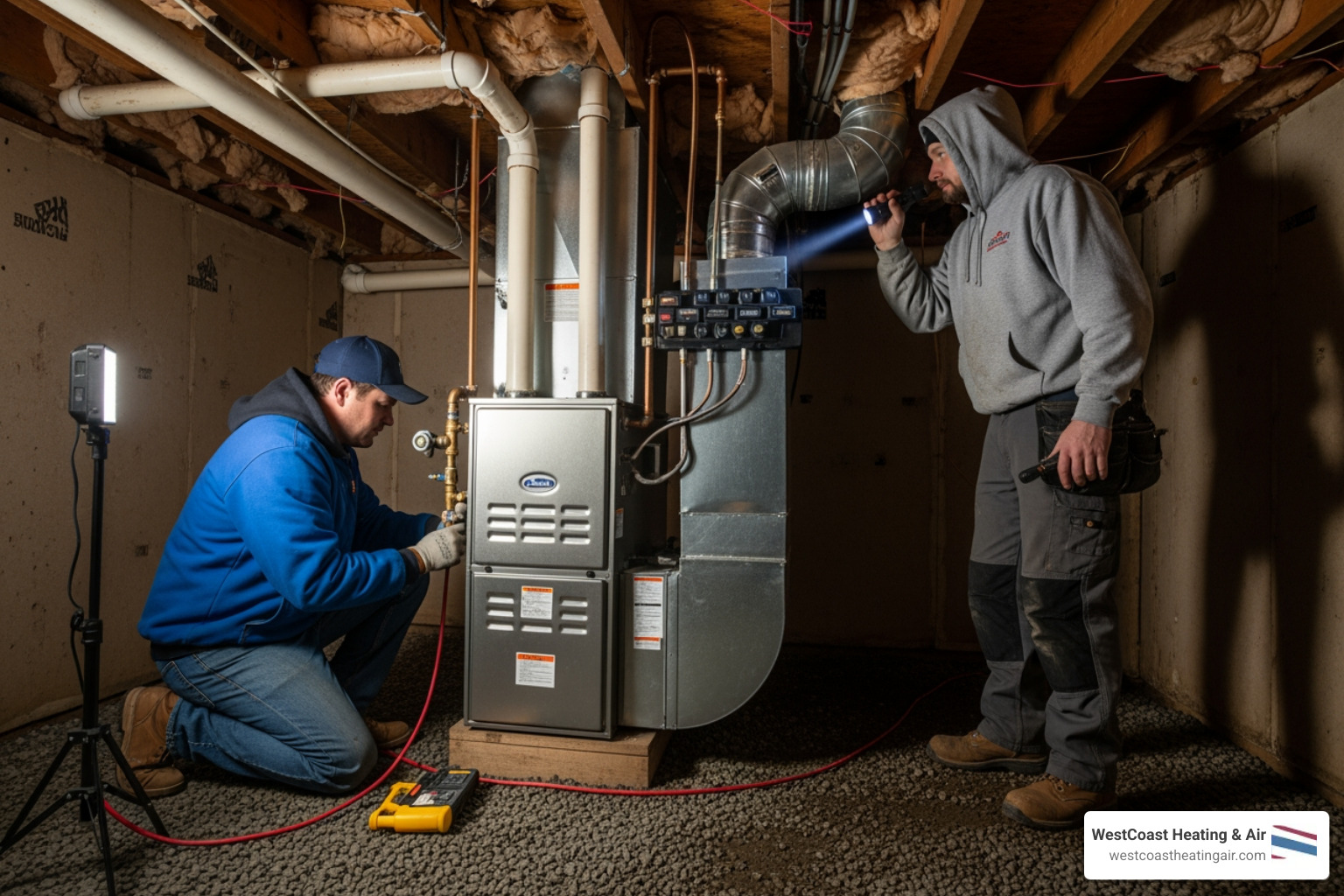 Infographic showing the top 5 signs you need emergency furnace replacement: complete system failure with no heat, strong gas or burning odors, carbon monoxide detector alarming, loud banging or grinding noises, and a furnace over 15 years old with frequent breakdowns - emergency gas furnace installation in puyallup, wa