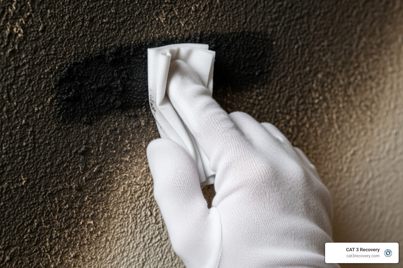 A hand in a white glove performing a "wipe test" on a sooty wall - fire damage emergency A hand in a white glove performing a "wipe test" on a sooty wall - fire damage emergency
