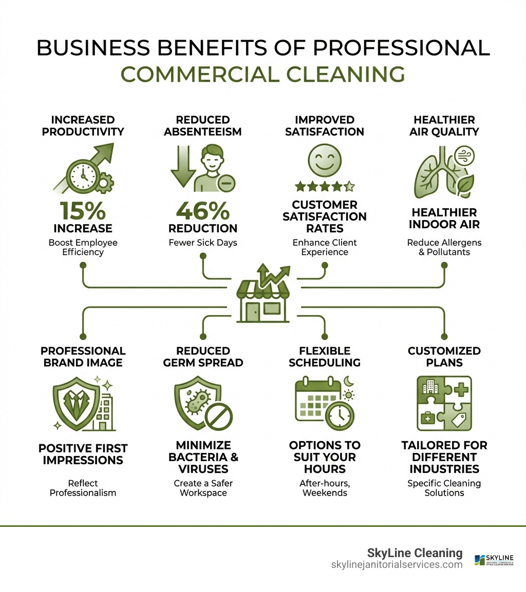 Infographic showing the business benefits of professional commercial cleaning: 15% increase in employee productivity, 46% reduction in absenteeism, improved customer satisfaction rates, healthier indoor air quality, professional brand image, reduced spread of germs and bacteria, flexible scheduling options, and customized cleaning plans for different industries - commercial cleaning Chicago IL infographic 