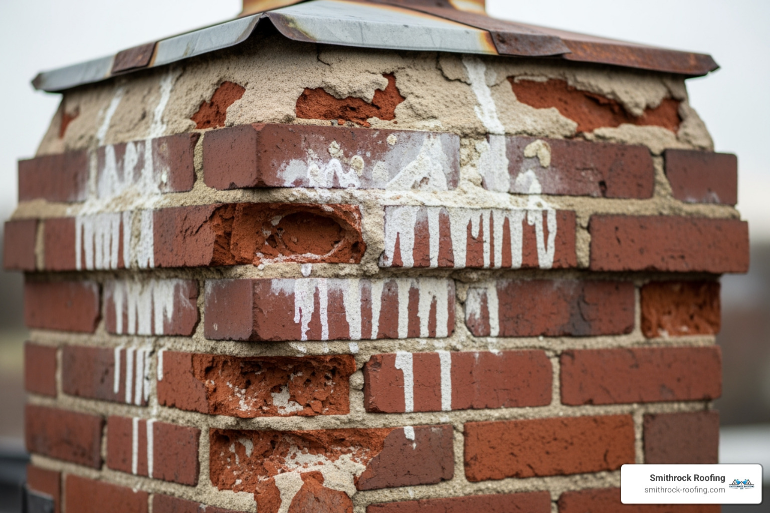 Water damage and efflorescence on chimney masonry - 13x13 chimney cap