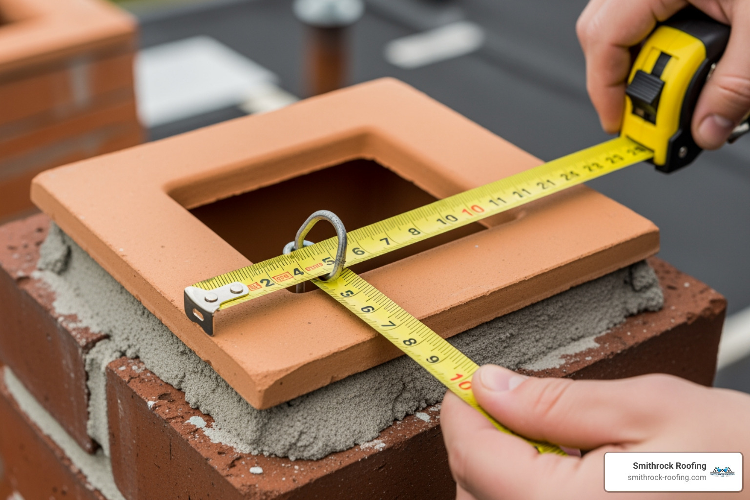 A person using a tape measure to determine the outside dimensions of a square clay flue tile - 13x13 chimney cap