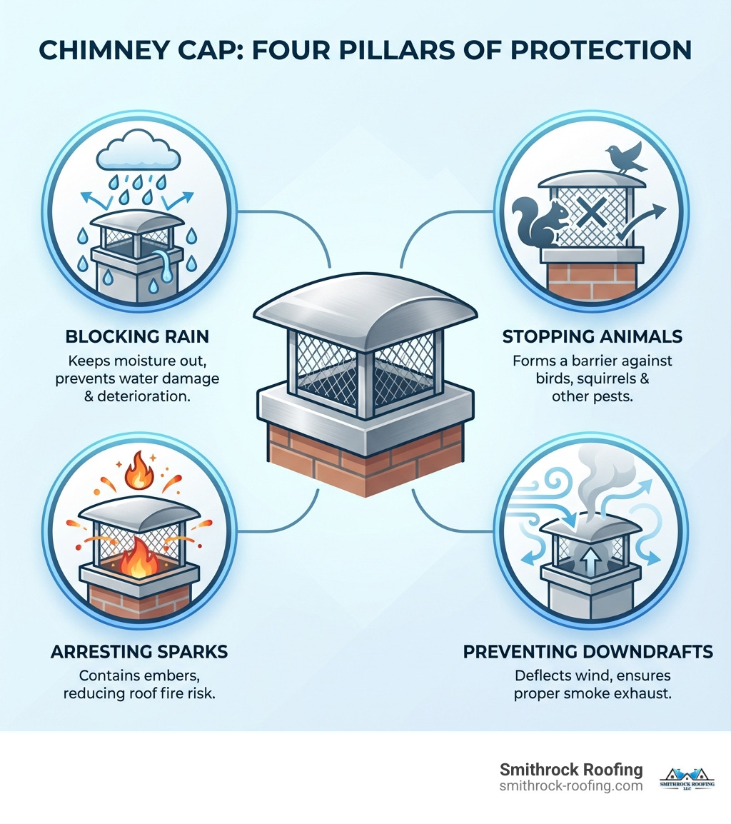 Infographic explaining the four main functions of a chimney cap: blocking rain, stopping animals, arresting sparks, and preventing downdrafts. - 13x13 chimney cap infographic 