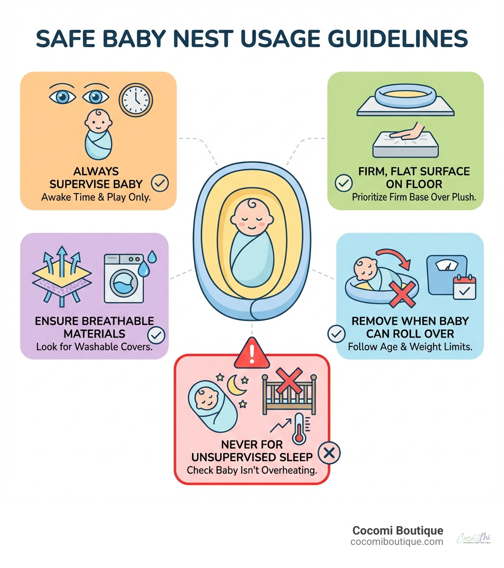 Infographic showing safe baby nest usage guidelines: Always supervise baby, use only for awake time and play, place on firm flat surface on the floor, ensure breathable materials, never use for unsupervised sleep, check baby isn't overheating, remove when baby can roll over, look for washable covers, prioritize firm flat base over plush padding, and follow manufacturer age and weight limits - Affordable baby nest infographic 