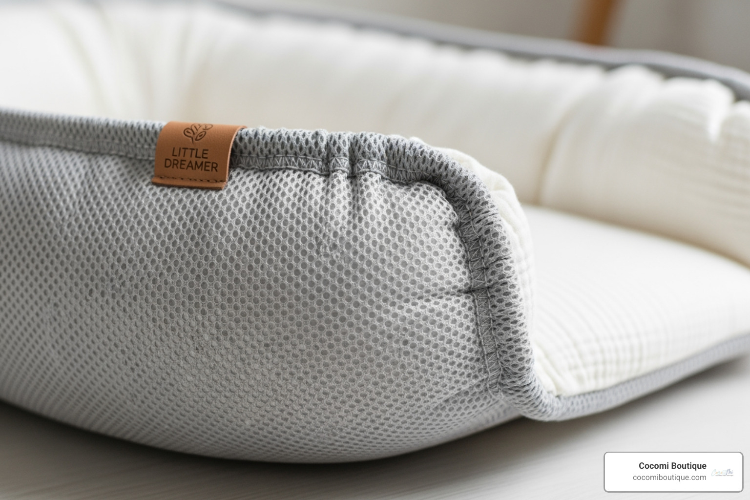 Close-up of a baby nest's breathable mesh fabric and firm, flat base, highlighting quality stitching and material texture - Affordable baby nest