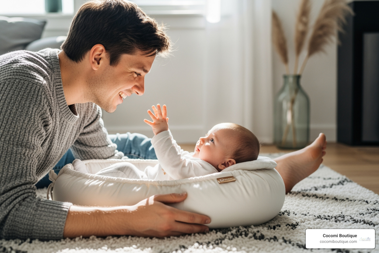 Parent happily interacting with a baby in a baby lounger on a soft rug on the living room floor, with natural light - Affordable baby nest
