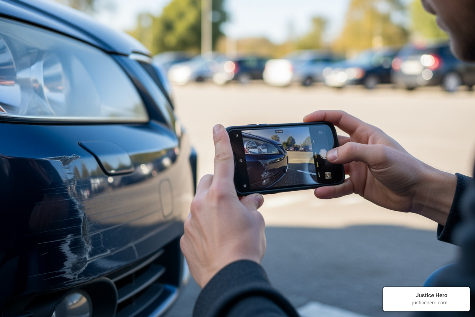 person taking photos of car damage with a smartphone - injury claim car crash