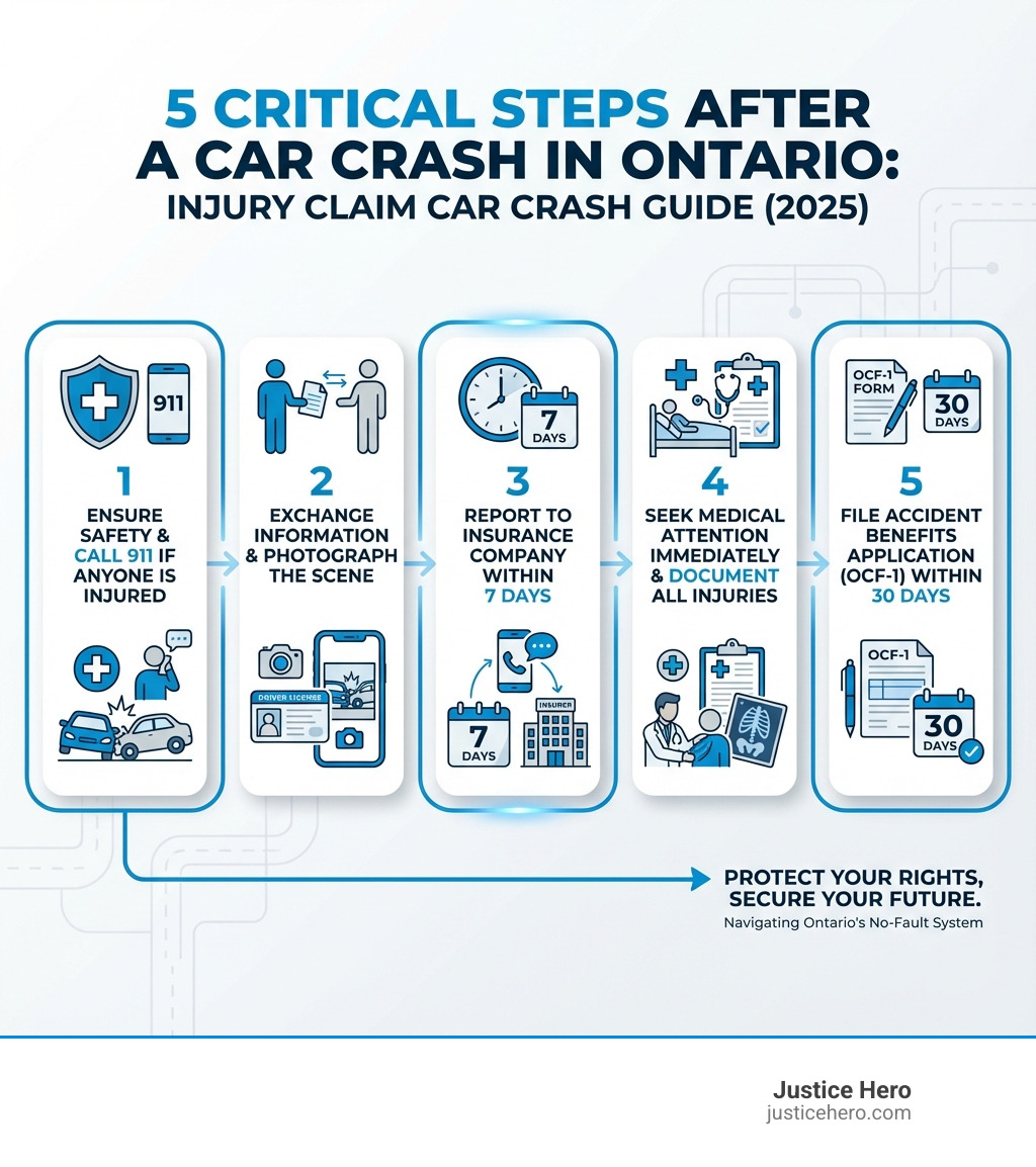 infographic showing the 5 critical steps after a car crash: 1) Ensure safety and call 911 if anyone is injured, 2) Exchange information with all drivers and photograph the scene, 3) Report to your insurance company promptly, 4) Seek medical attention immediately and document all injuries, 5) File your accident benefits application within the required deadline - injury claim car crash infographic 