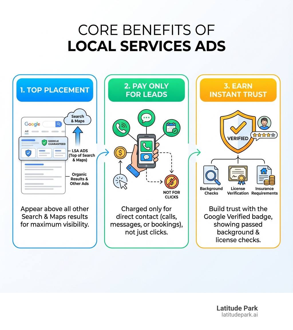 Infographic showing three core benefits of Local Services Ads: 1) Appear at the very top of Google Search and Maps above all other results, 2) Pay only for qualified leads when customers contact you directly through calls, messages, or bookings, 3) Earn customer trust instantly with the Google Verified badge that shows you passed background checks, license verification, and insurance requirements - local service google ads infographic 
