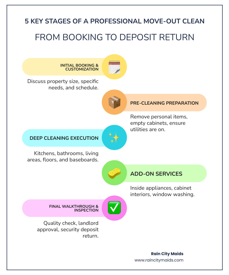 Infographic showing the 5 key stages of a professional move-out clean: Stage 1 - Initial Booking and Customization (discuss property size, specific needs, and schedule); Stage 2 - Pre-Cleaning Preparation (remove personal items, empty cabinets, ensure utilities are on); Stage 3 - Deep Cleaning Execution (kitchen, bathrooms, living areas, floors, and baseboards); Stage 4 - Add-On Services (inside appliances, cabinet interiors, window washing); Stage 5 - Final Walkthrough and Inspection (quality check, landlord approval, deposit return) - move-out services in lynnwood, wa infographic infographic-line-5-steps-colors
