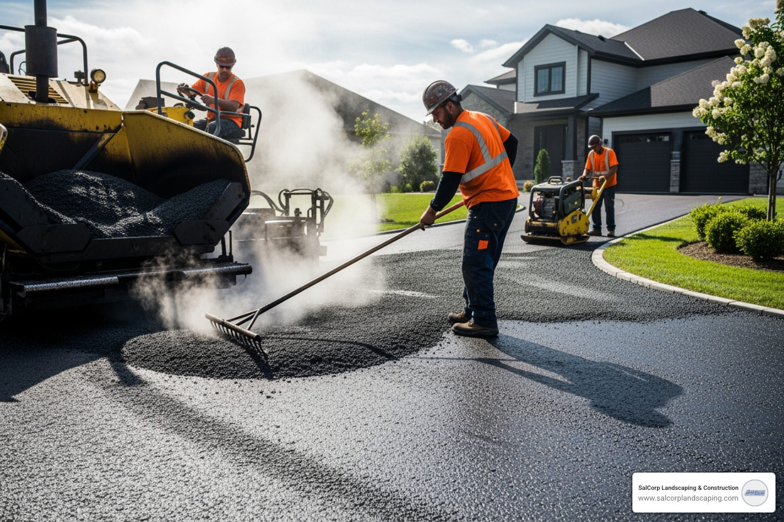 Asphalt being laid and smoothed by professionals - black paved driveway