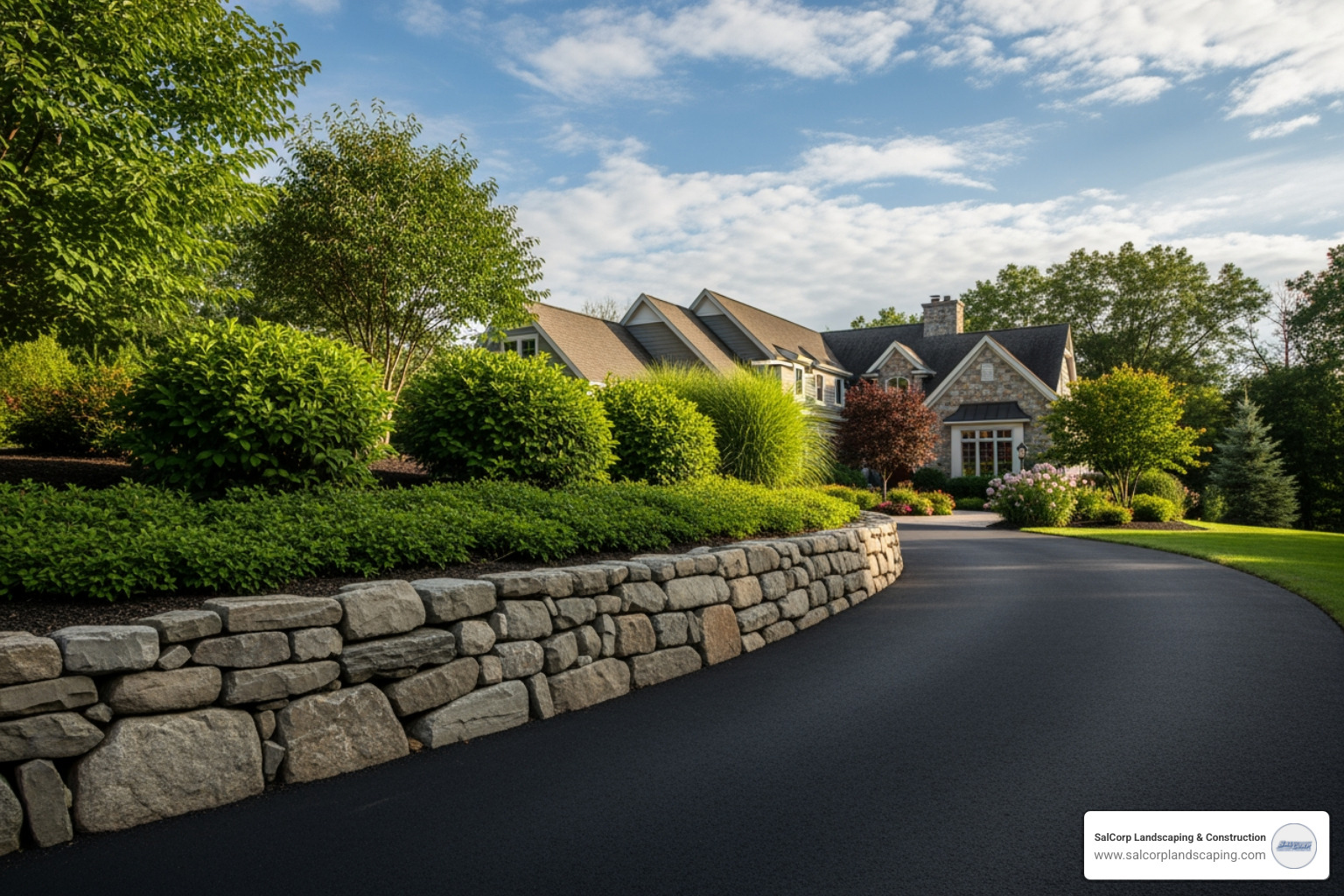 A black paved driveway contrasting beautifully with a stone retaining wall - black paved driveway
