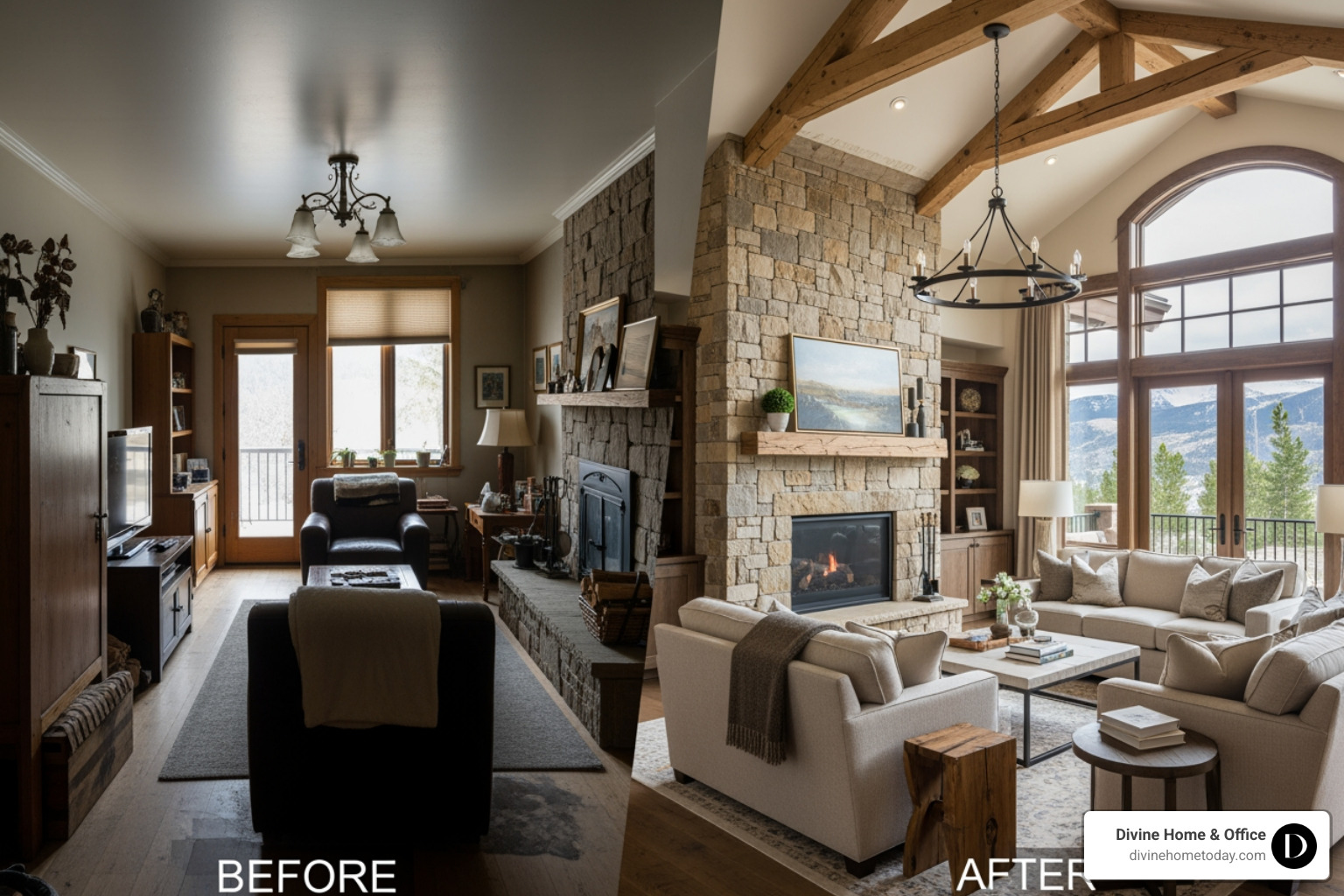 Luxury modern mountain Colorado home with warm natural materials, stone fireplace, timber beams, high-end finishes, bright natural lighting, large windows with mountain views, clean polished styling, showing a before and after transformation of a formerly cramped space - interior space planning services los angeles Luxury modern mountain Colorado home with warm natural materials, stone fireplace, timber beams, high-end finishes, bright natural lighting, large windows with mountain views, clean polished styling, showing a before and after transformation of a formerly cramped space - interior space planning services los angeles