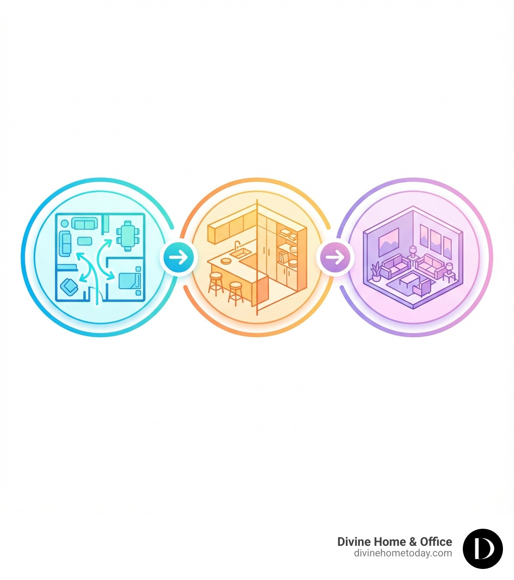infographic showing the three core principles of space planning: flow (traffic patterns and movement through rooms), function (how each area serves daily activities and storage needs), and form (aesthetic cohesion, proportions, and visual balance), with icons representing furniture layouts, floor plans, and 3D renderings - interior space planning services los angeles infographic infographic showing the three core principles of space planning: flow (traffic patterns and movement through rooms), function (how each area serves daily activities and storage needs), and form (aesthetic cohesion, proportions, and visual balance), with icons representing furniture layouts, floor plans, and 3D renderings - interior space planning services los angeles infographic
