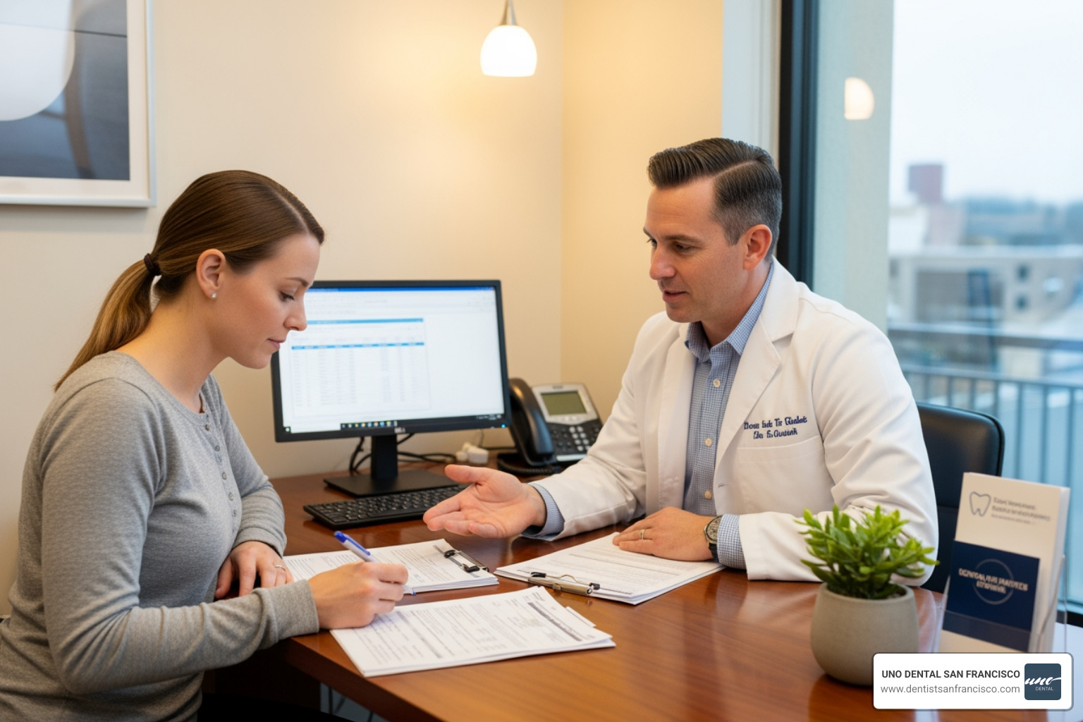a person reviewing financial documents with a dentist - Teeth straightening San Francisco a person reviewing financial documents with a dentist - Teeth straightening San Francisco