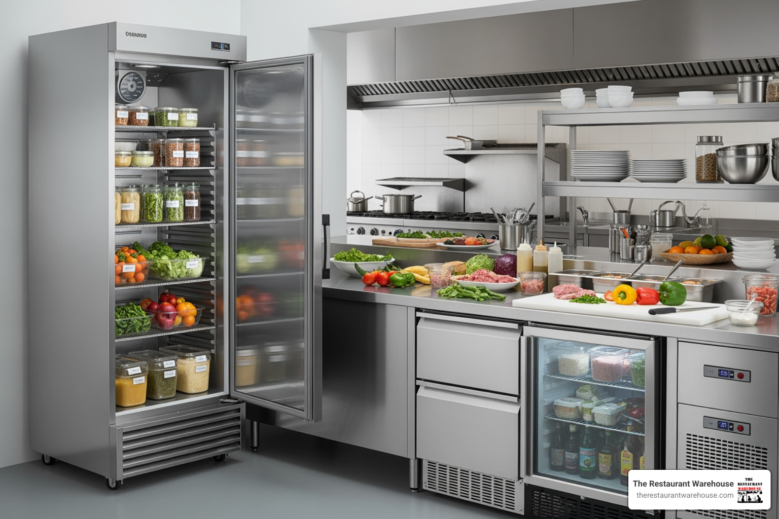 Reach-in refrigerator, undercounter unit, and refrigerated prep table in a kitchen setting - restaurant refrigerators