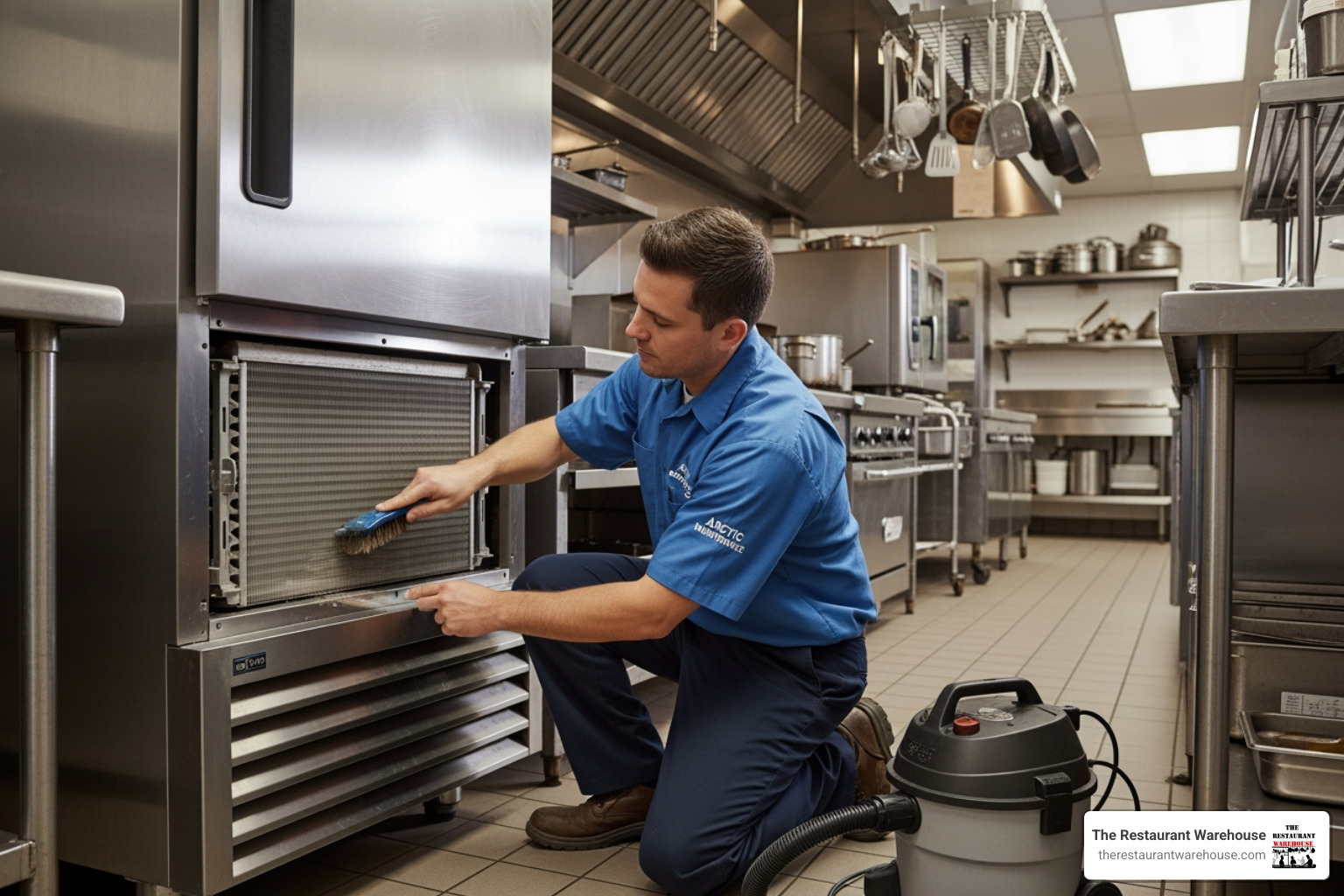 Technician performing maintenance on a commercial refrigerator's condenser coil - restaurant refrigerators
