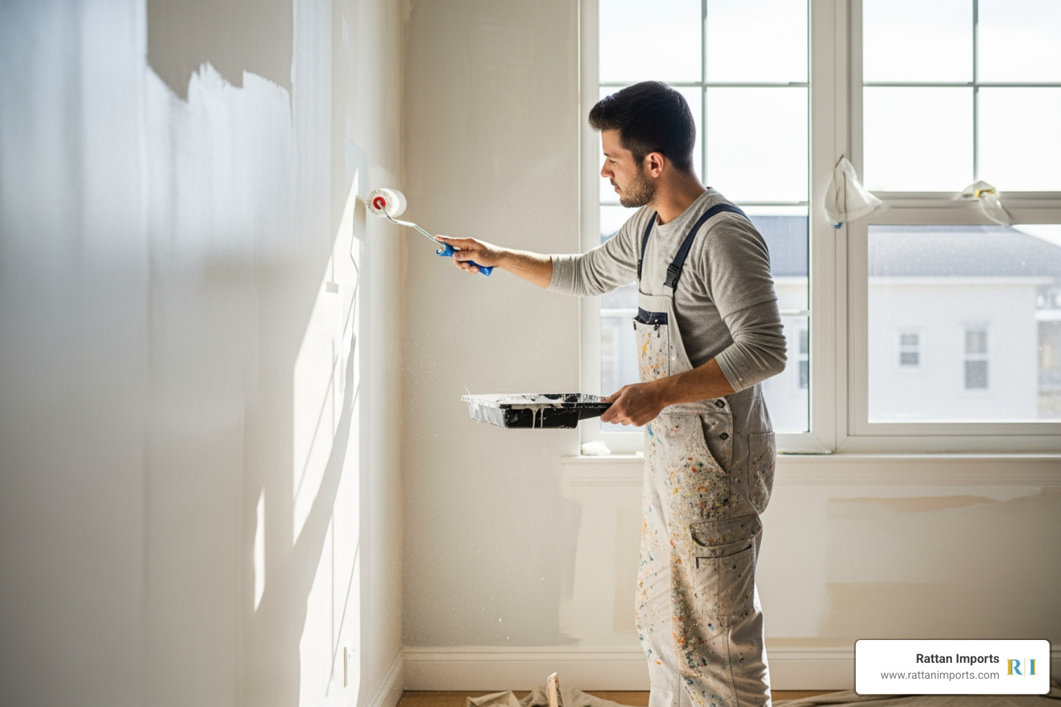 wall being painted a light, off-white color next to a window - Natural light decor