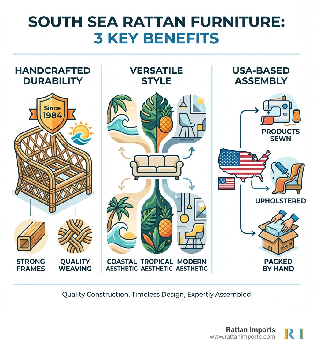 Infographic showing three key benefits of South Sea Rattan furniture: Handcrafted Durability featuring strong frames and quality weaving since 1984, Versatile Style suitable for coastal tropical and modern aesthetics, and USA-Based Assembly with products sewn upholstered and packed by hand - South Sea Rattan sofa infographic 