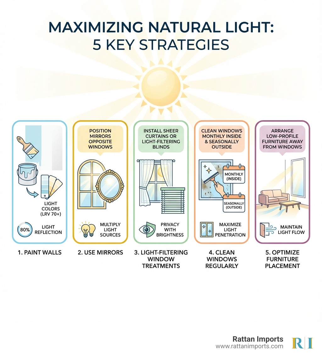 Infographic showing five key strategies for maximizing natural light: 1. Paint walls light colors with LRV 70+ for 80% light reflection, 2. Position mirrors opposite windows to multiply light sources, 3. Install sheer curtains or light-filtering blinds for privacy with brightness, 4. Clean windows monthly inside and seasonally outside, 5. Arrange low-profile furniture away from windows to maintain light flow - Natural light decor infographic 
