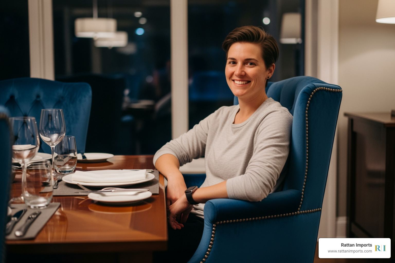 A person comfortably seated in a blue velvet dining chair with arms, smiling and relaxed at a dining table. - blue velvet dining chairs with arms