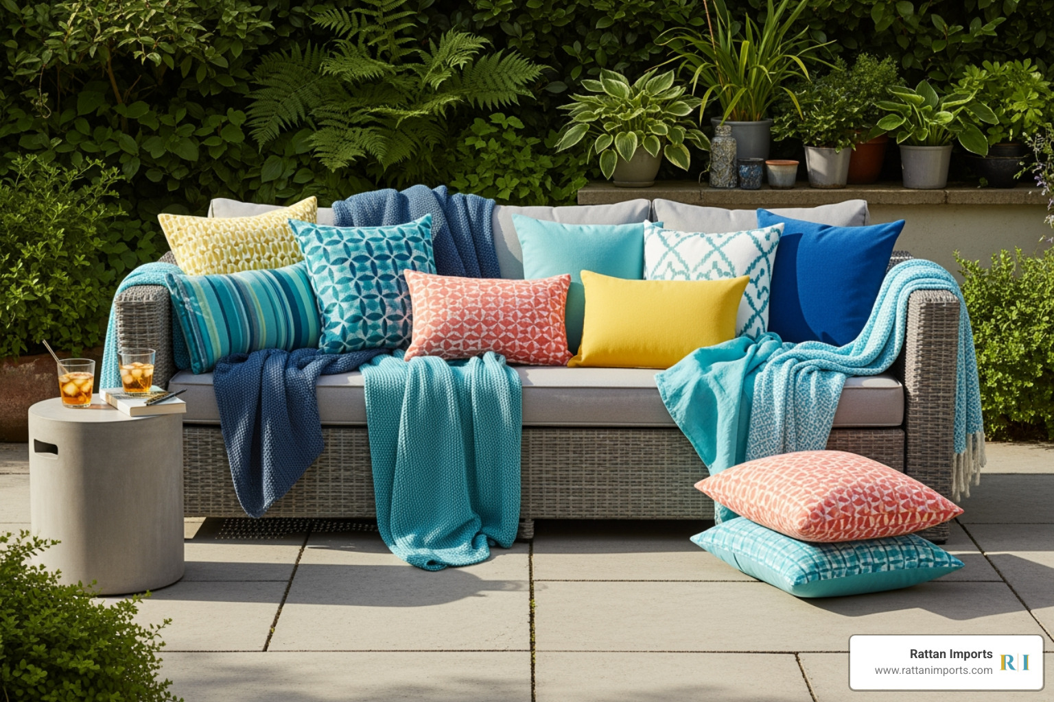 colourful cushions and throws on a grey rattan sofa - rattan corner dining set grey