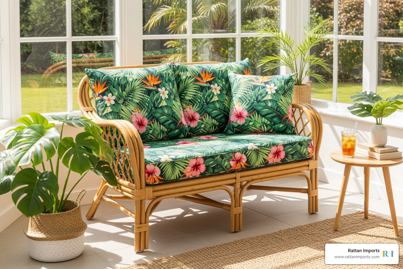 stylish rattan loveseat with tropical-print cushions - Rattan sunroom furniture