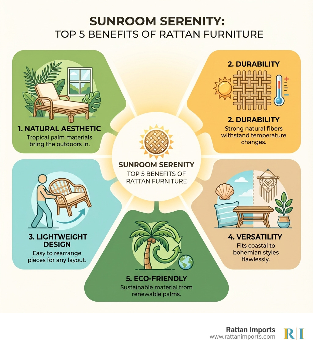 Infographic showing the top 5 benefits of rattan furniture for sunrooms: Natural Aesthetic with tropical palm materials bringing outdoors in, Durability from strong natural fibers that withstand temperature changes, Lightweight design making pieces easy to rearrange, Versatility fitting coastal to bohemian styles, and Eco-Friendly sustainable material from renewable palms - Rattan sunroom furniture infographic 