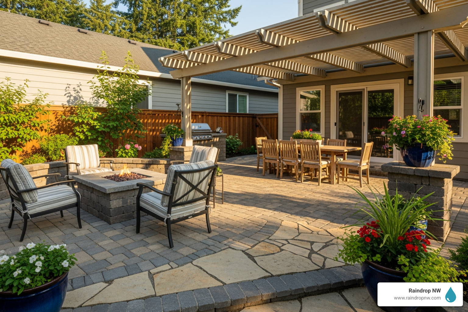 infographic showing benefits of professional patio installation including increased home value, extended living space, proper drainage, weather-resistant materials, expert craftsmanship, and long-term warranty protection - patios contractor in beaverton, or