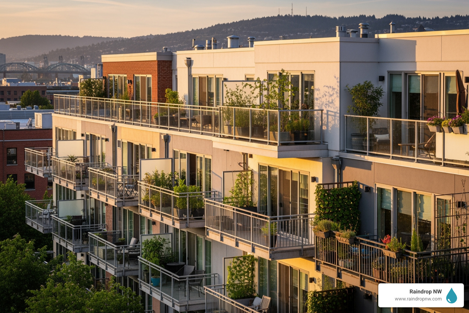infographic showing four benefits of hotel balconies: More Space with icon of expanded room, Fresh Air with icon of open window, Great Views with icon of city skyline, and Photo Opportunities with icon of camera - balconies in portland, or