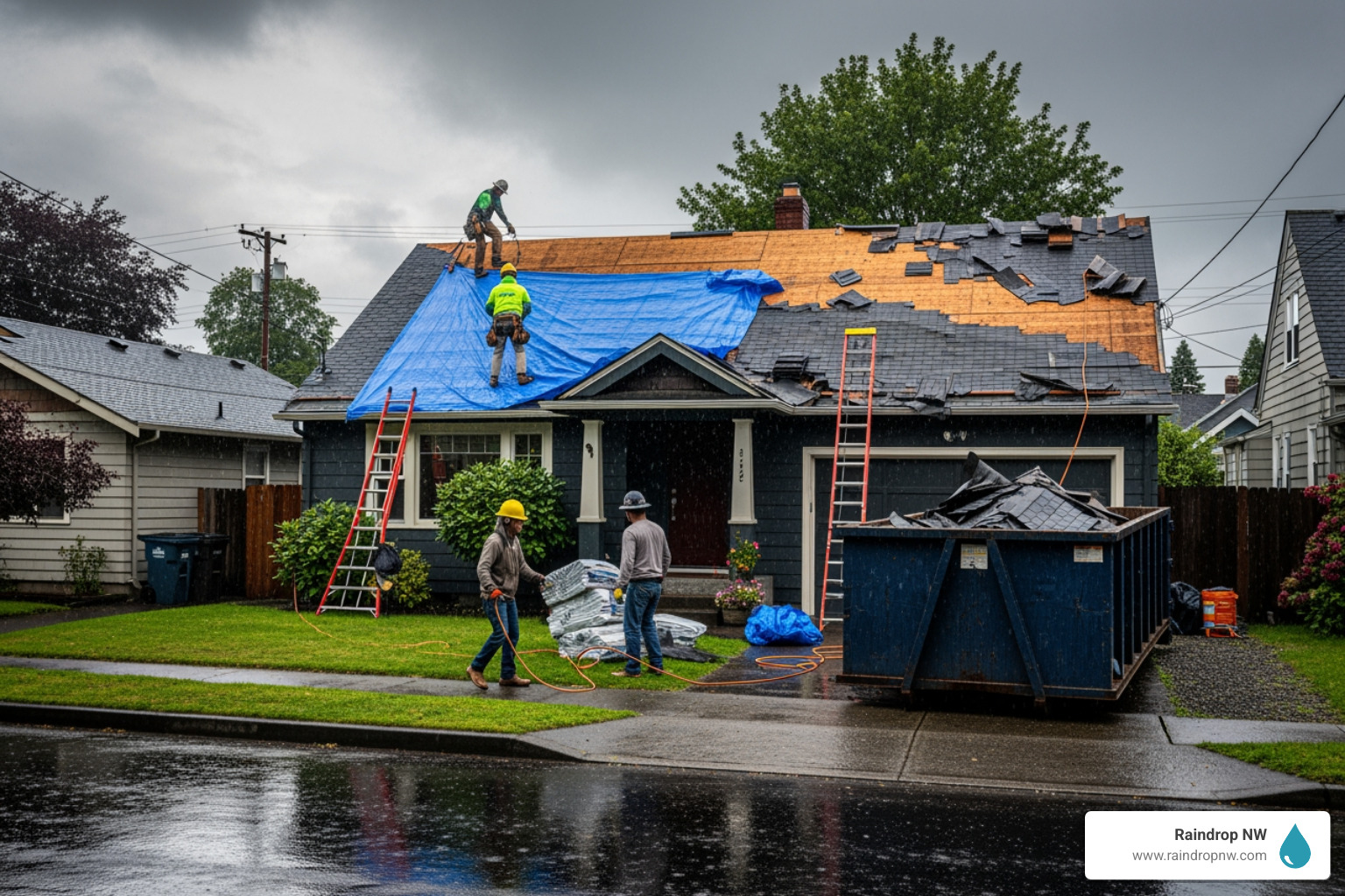 Infographic showing emergency roof repair response timeline: Step 1 - Call immediately for 24/7 response; Step 2 - Professional assessment within 24 hours; Step 3 - Emergency tarping and temporary protection; Step 4 - Comprehensive damage inspection and documentation; Step 5 - Detailed repair plan with timeline; Step 6 - Permanent repair or full replacement using weather-resistant materials - emergency roof remodels in portland, or