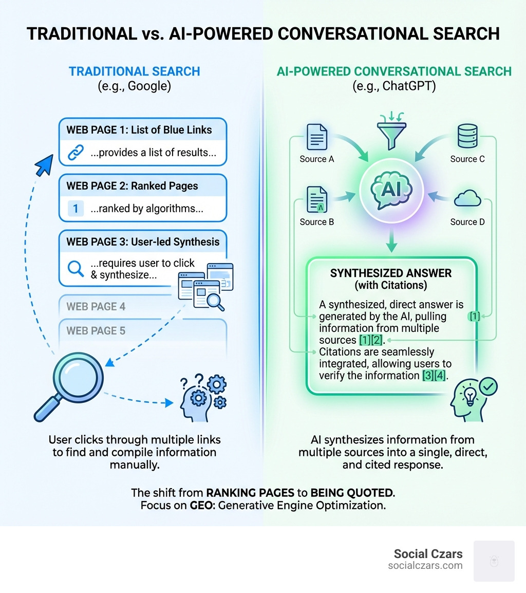 Infographic comparing traditional search engine results with AI-powered conversational search responses, showing how ChatGPT synthesizes multiple sources into direct answers with citations, versus Google's list of blue links - SEO for ChatGPT infographic Infographic comparing traditional search engine results with AI-powered conversational search responses, showing how ChatGPT synthesizes multiple sources into direct answers with citations, versus Google's list of blue links - SEO for ChatGPT infographic