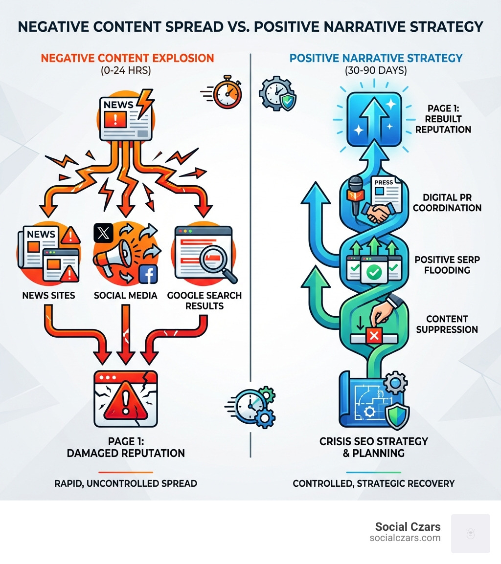 infographic showing the rapid spread of negative content online within 24 hours across news sites, social media, and Google search results, contrasted with a controlled positive narrative strategy that includes content suppression, positive SERP flooding, and digital PR coordination over a 30-90 day timeline - Top 5 Crisis SEO Firms for Celebrities infographic 
